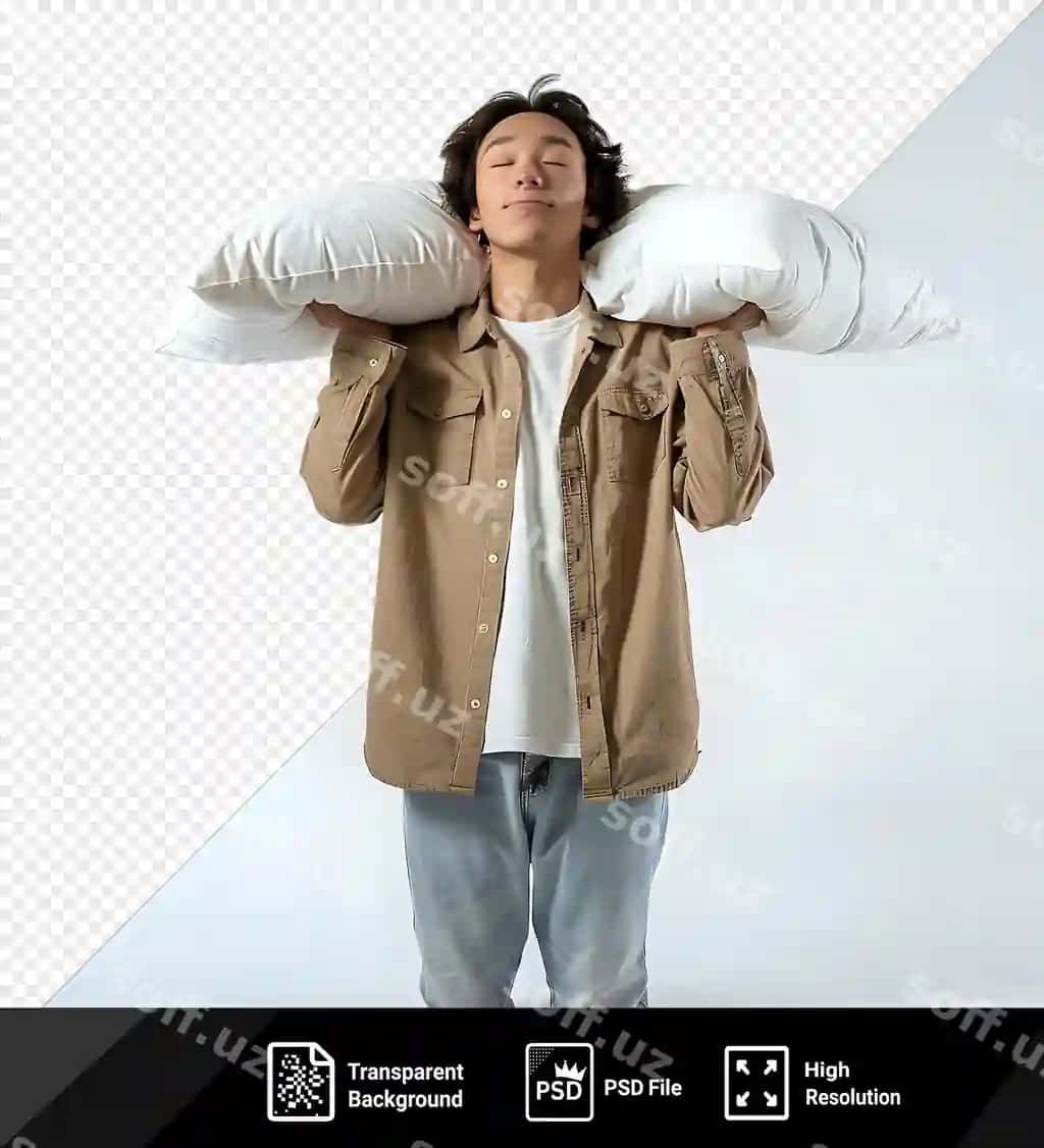 Yosh bemsil erkak podtok tutgan, ko'zlari yopiq, qondirgan ko'rayotgan. | Young ill man looks content holding pillow with eyes closed