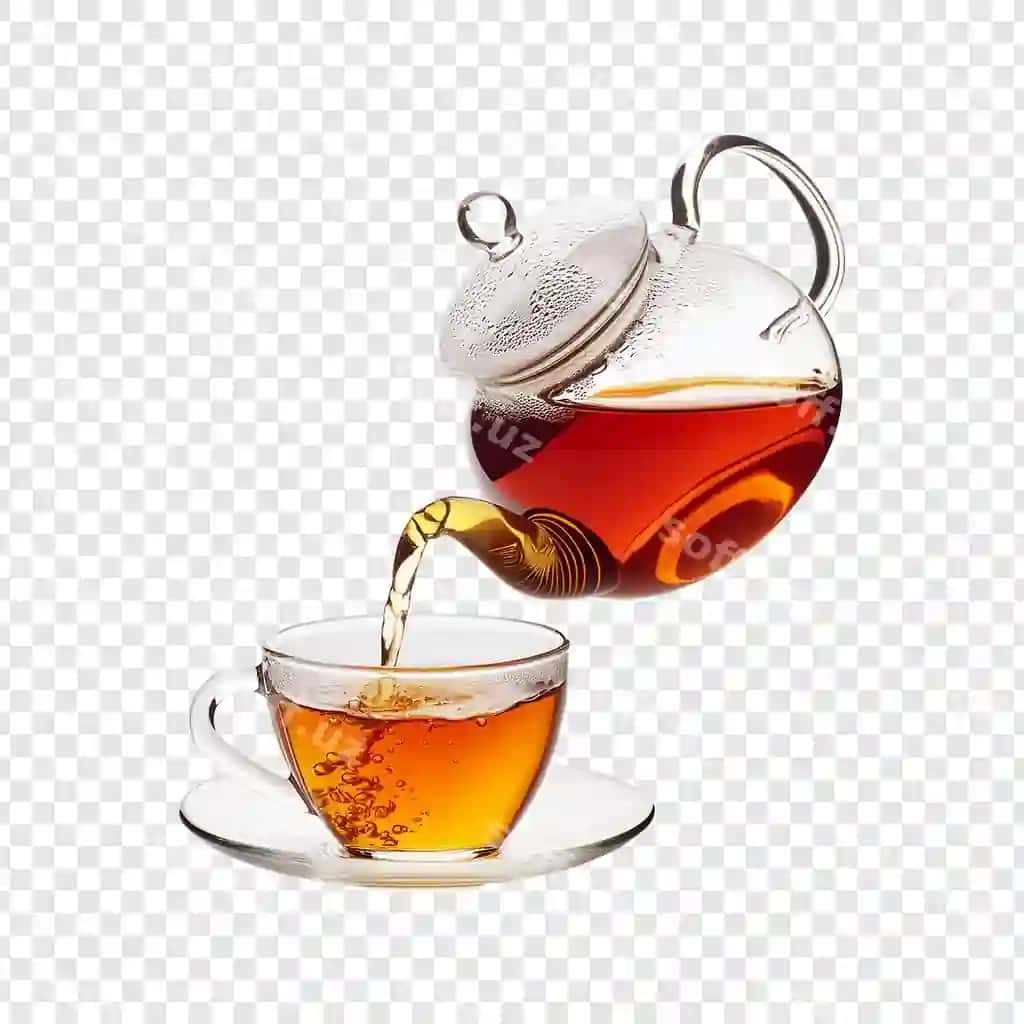 Choynak stakanidan tushayotgan choy shaffof fonda ajratilgan | Tea falling from tea pot cup isolated transparent background