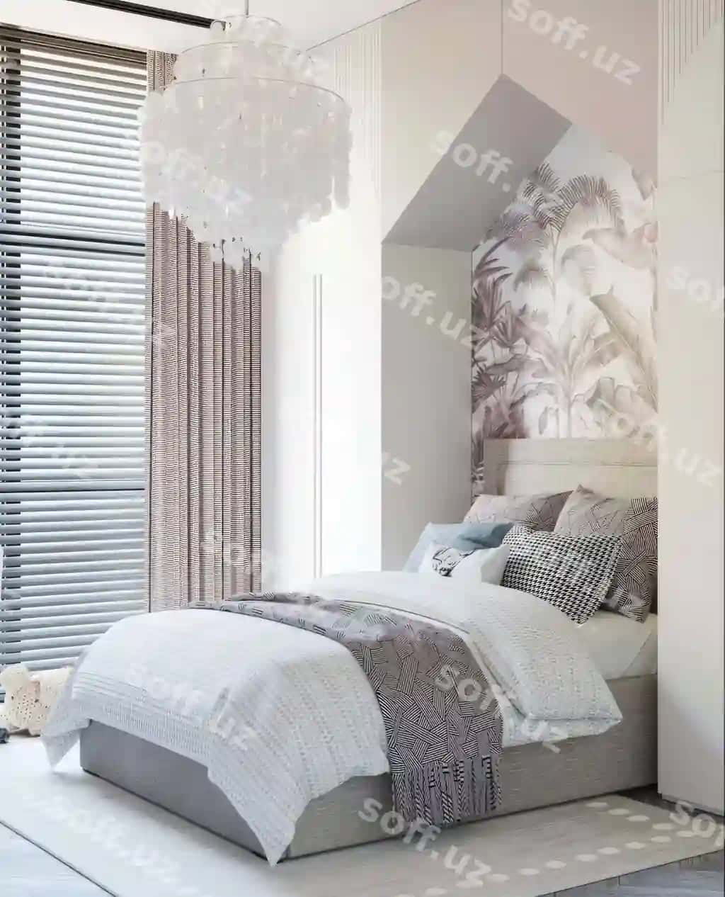 Yotoq xonasi, uningda yotoq chandelier tavan dan asilgan | Bedroom with bed chandelier hanging from ceiling