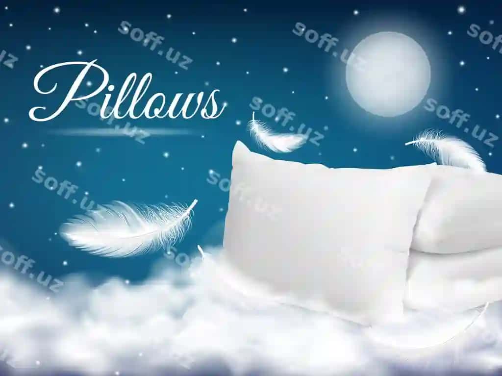 Realistik yumshoq pillo shirin uxun poster oq pillo parqashlar uchib bormoqda | Realistic soft pillow sweet dream poster white pillows flying feathers