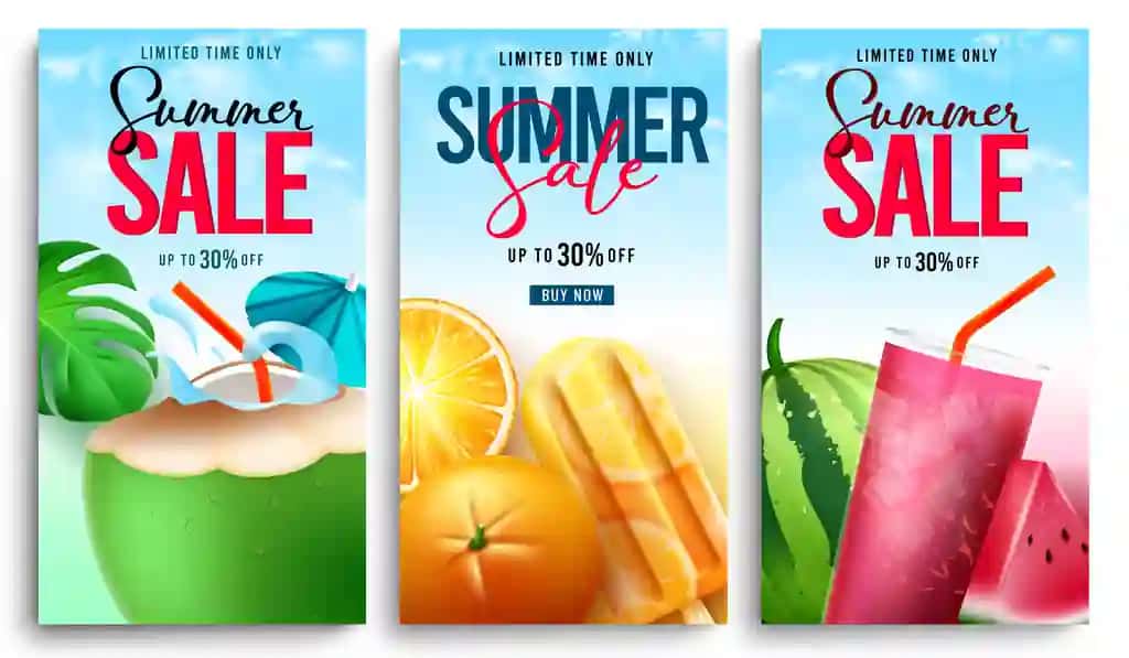 Yozgi sotuvlar vektorli plakatlar to'plamining dizayni yozgi sotuv matni mevalar bilan | Summer sale vector poster set design summer sale text with fruits