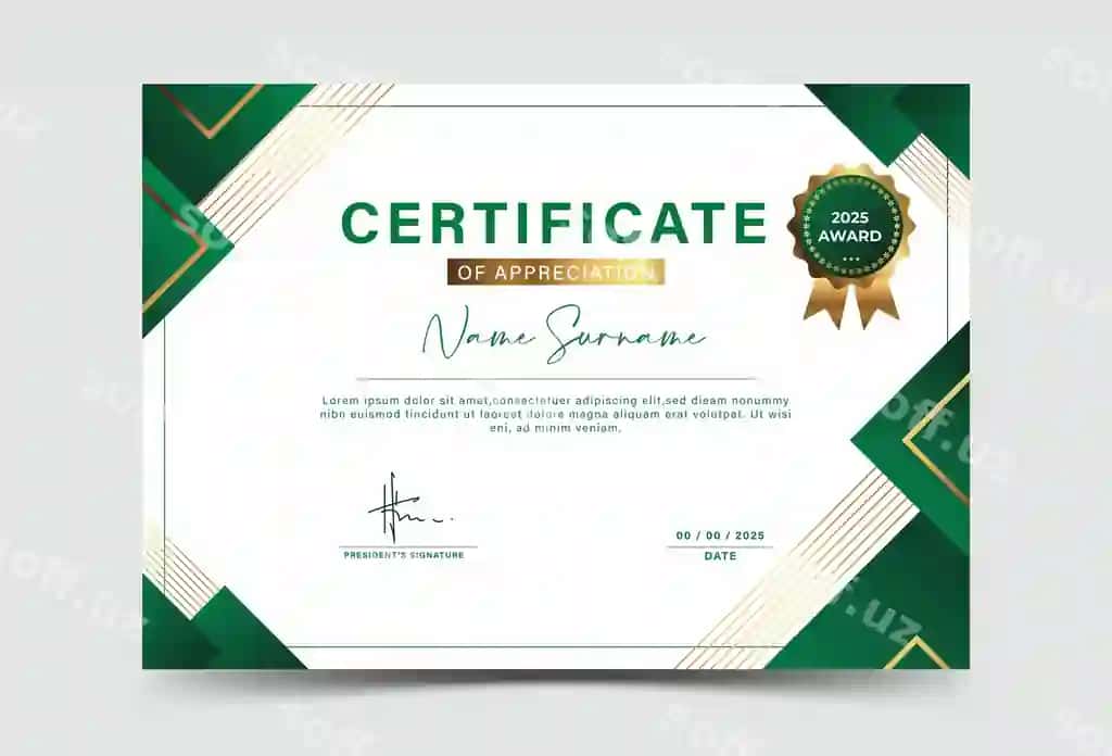 Yashil oltin geometrik effekt muvaffaqiyat sertifikati shabloni elegant | Green gold geometric effect achievement certificate template elegant