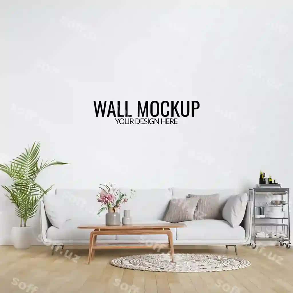 Zamonaviy ički o'yin xonasi devori namunasi mebel dekor bilan | Modern interior living room wall mockup with furniture decor