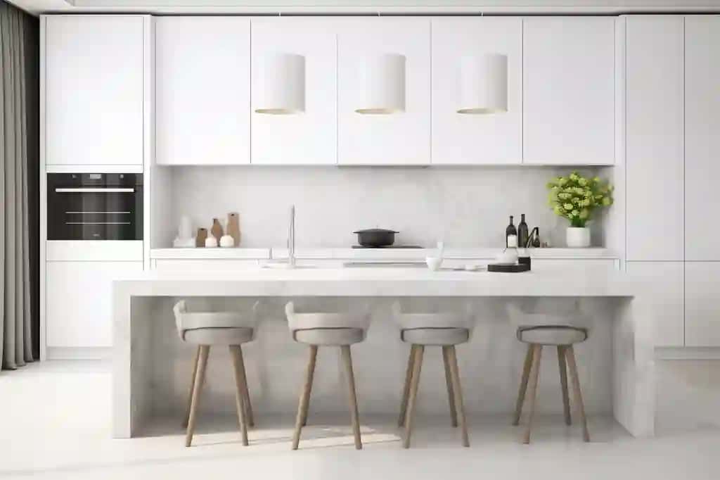 Oq marmar peshtaxtali oshxona orolining markazida hashamatli oq pishirish maydoni | Kitchen island with white marble countertop as centerpiece luxurious white cooking space ho