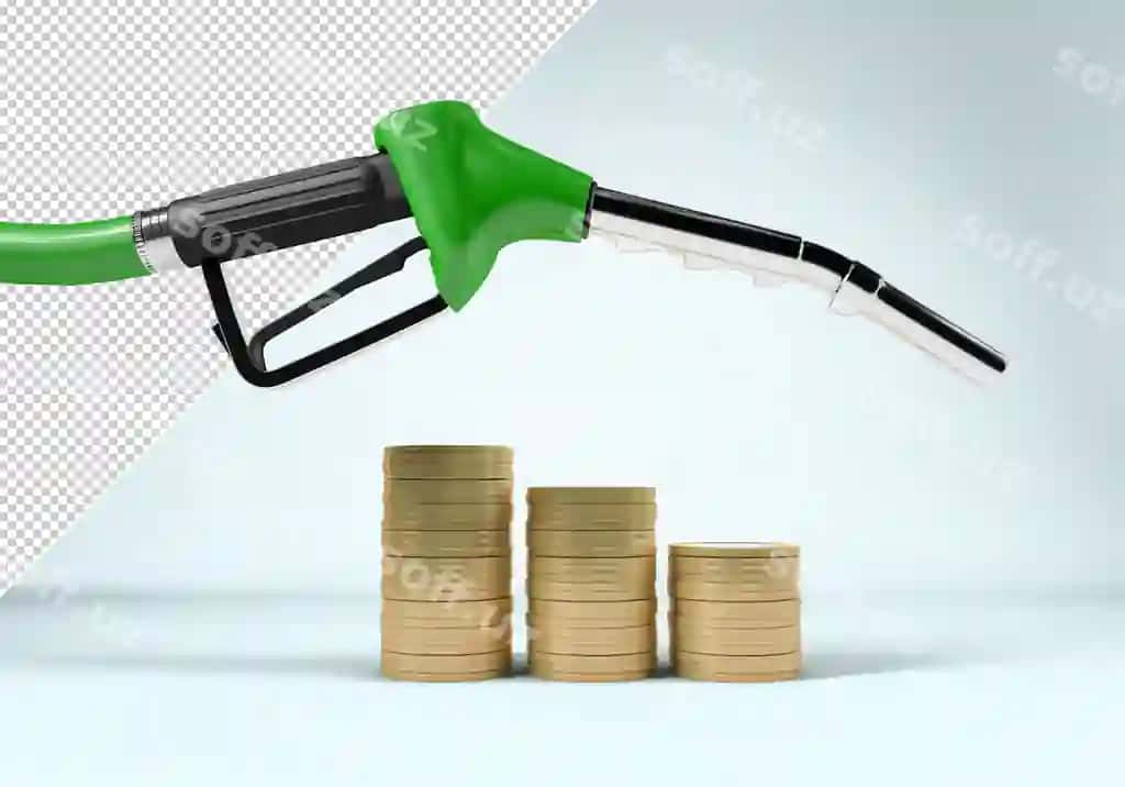 Yoqilgi shlangasi tangalarni steklyar oshib boruvchi narx konsepsiyasi namunasi | Fuel hose stacks coins rising price concept mockup