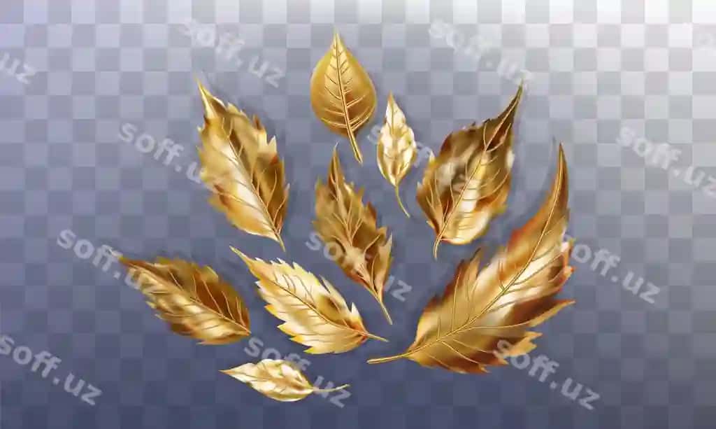 Oltin barglar to'plami, turli o'lchamdagi shakllar, 3D realistik oltin rang | Set golden leaves different sizes shapes 3d realistic render gold