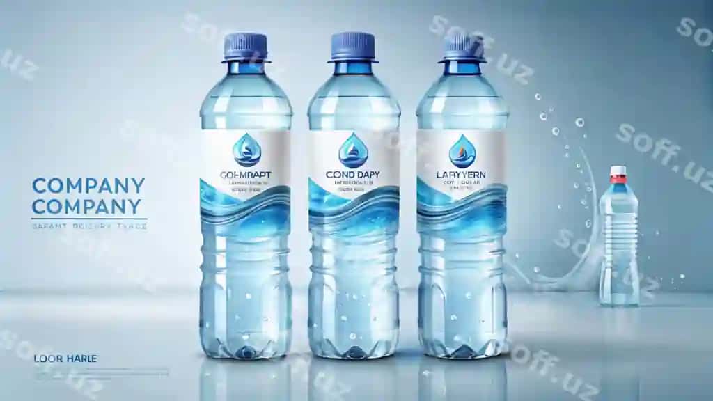 Ko'k rangdagi ko'z oynali suv, etiketada "Pure Front" so'zi. | Bottle water with blue cap word pure front