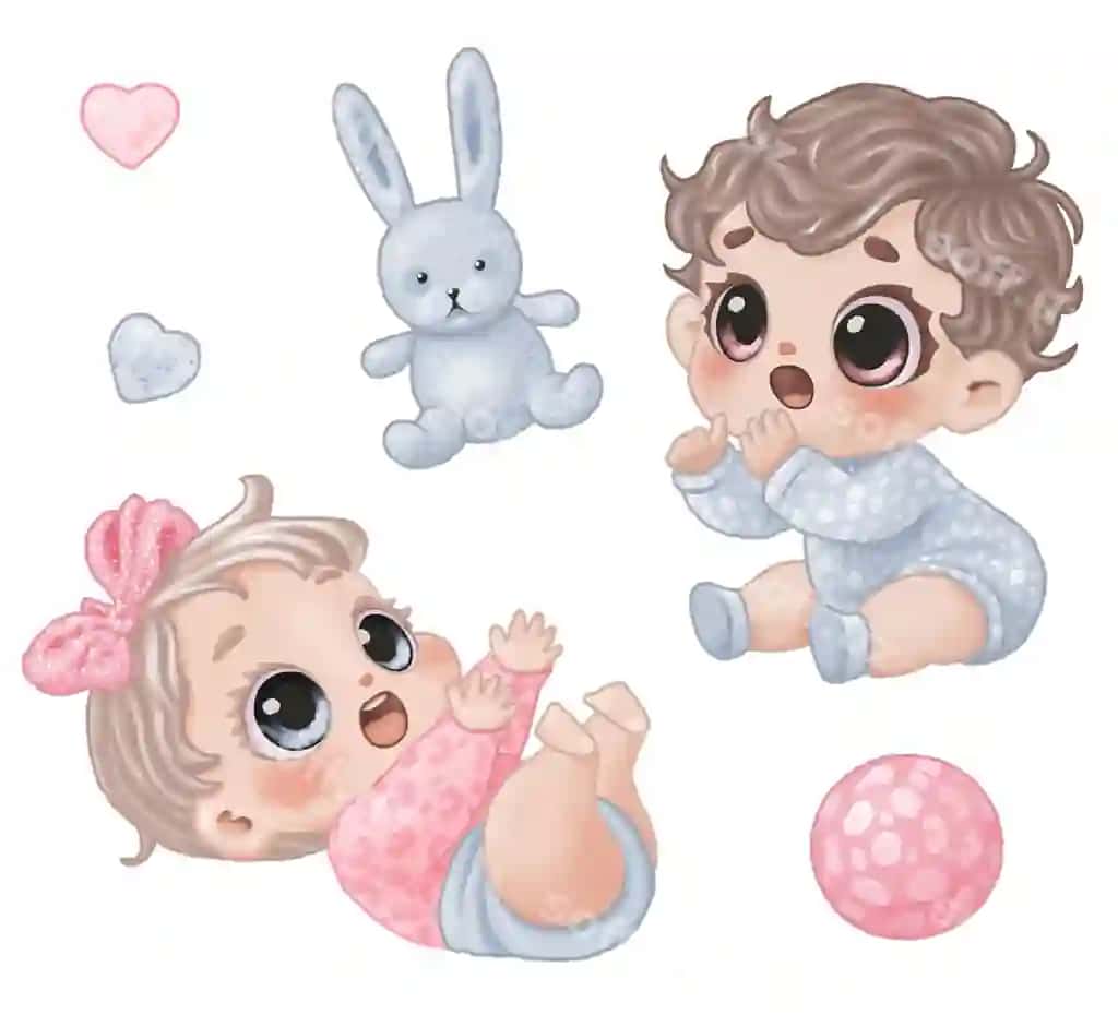 Akvarel rasmlarini ikkita chaqaloq yumshoq o'yinchoq quyon shar yuraklari pastel bilan to'ldiring | Set watercolor drawings two babies soft toy bunny ball hearts pastel