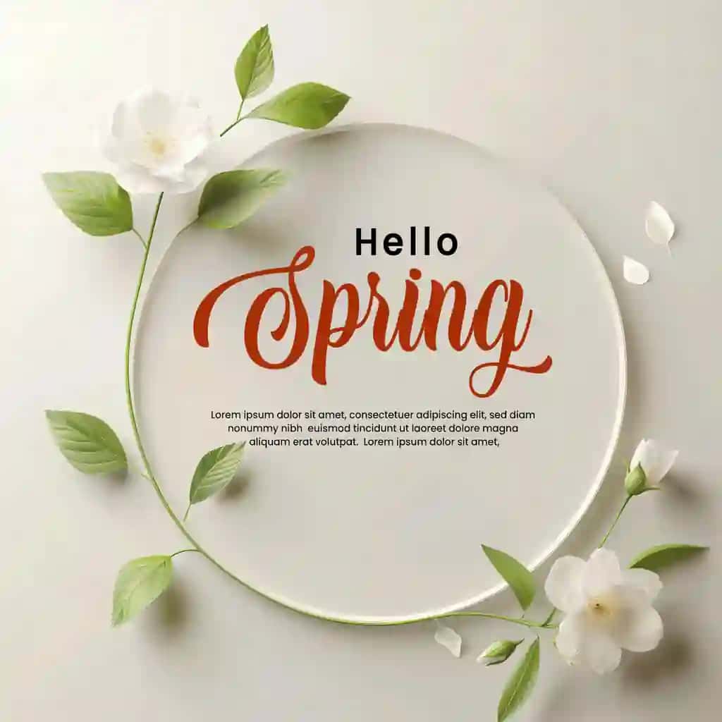 Salom, aylana gulli ramka shablonli bahor yozuvi | Hello spring lettering with circle floral frame template