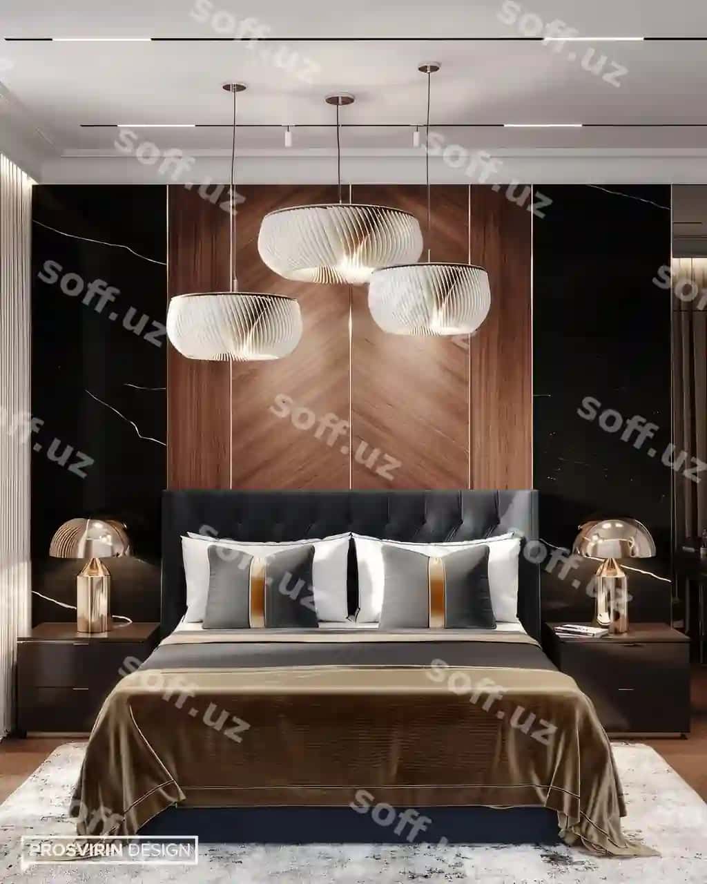 Yotoq chiroqli devor bilan yotoq xonasi | Bedroom with bed lamp wall