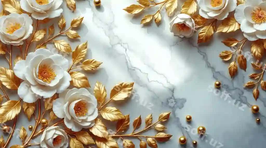 Nafis oq atirgullar oltin barglari marmar | Elegant white roses gold foliage marble