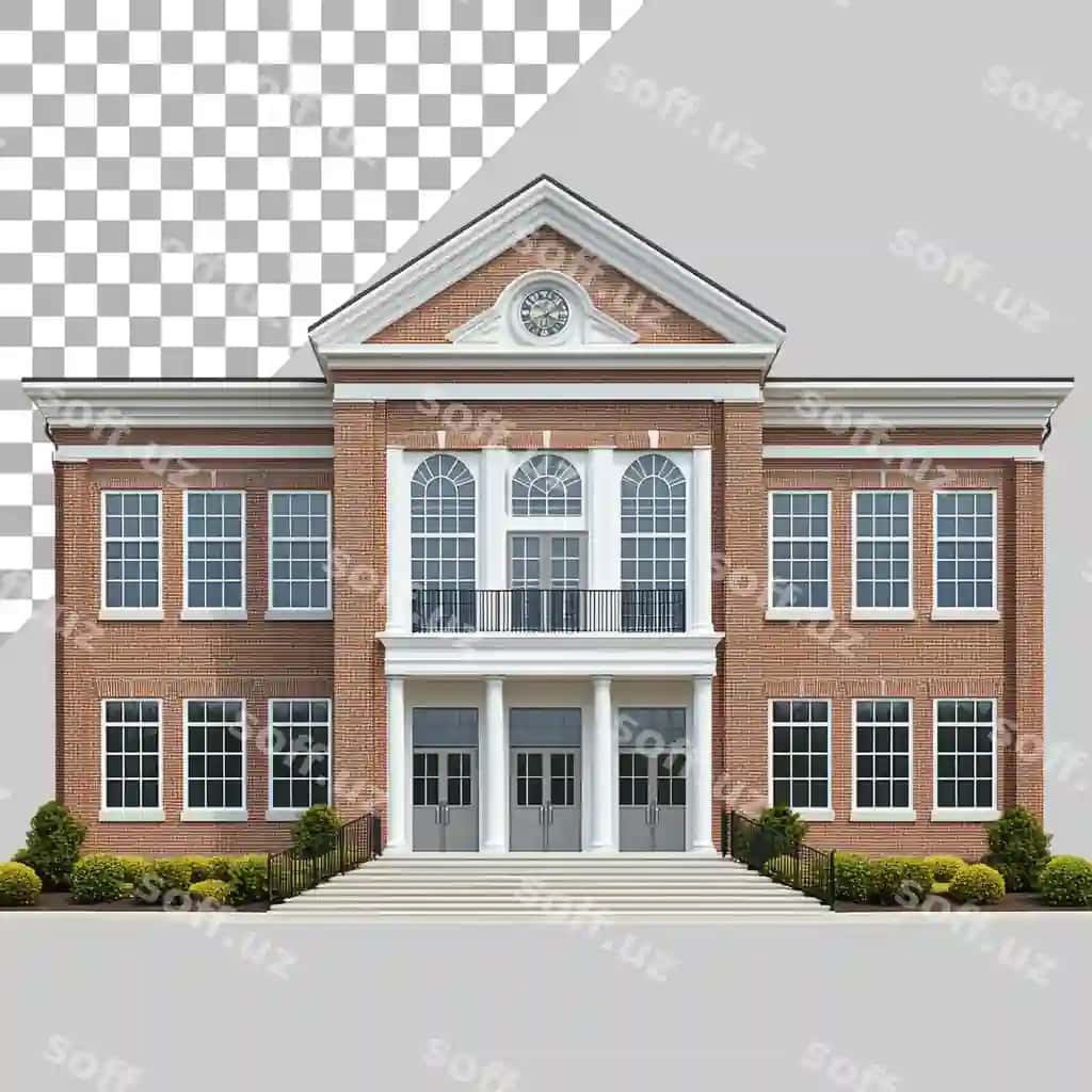 Deraza eshiklari shaffof bo'lgan katta ikki qavatli g'ishtli maktab binosi | Large twostory brick school building with windows doors transparent