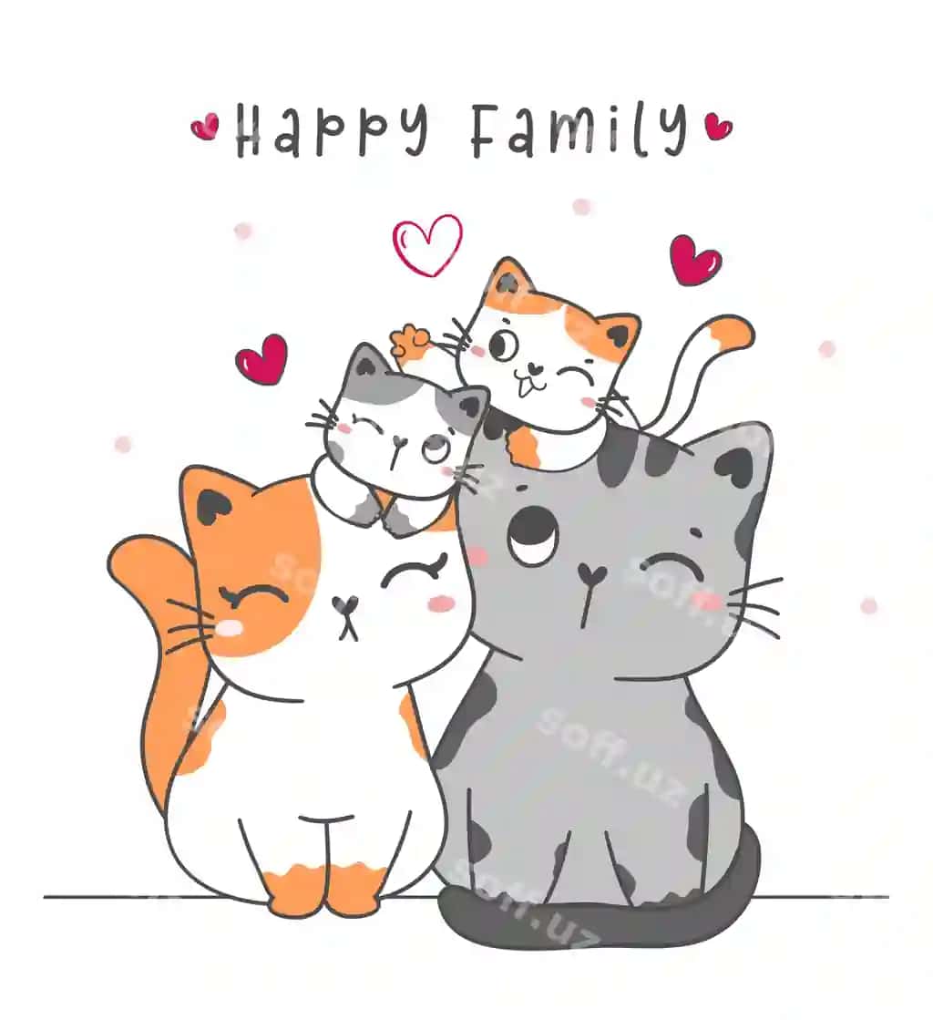 Mecho oila bola-machina kartinkasi vektor chizmasi | Cute family kitty cat mom dada son dauther cartoon drawing vector
