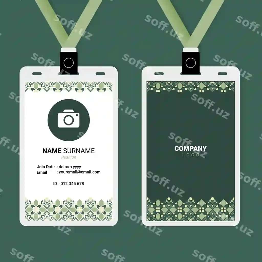 ID karta dizayni yashil pastel islamiy dekor ramka bilan | Id card design with green pastel islamic ornament frame