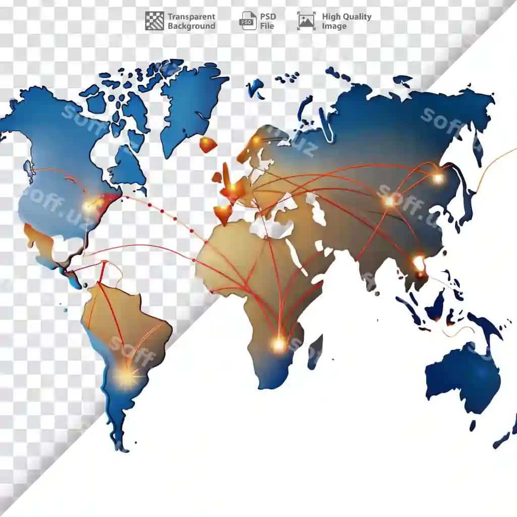 Dunyo xaritasi, global havo transport bog'lanishlarini tasvirlovchi volokon marshrutlari bilan | World map with flight routes representing global air travel connections