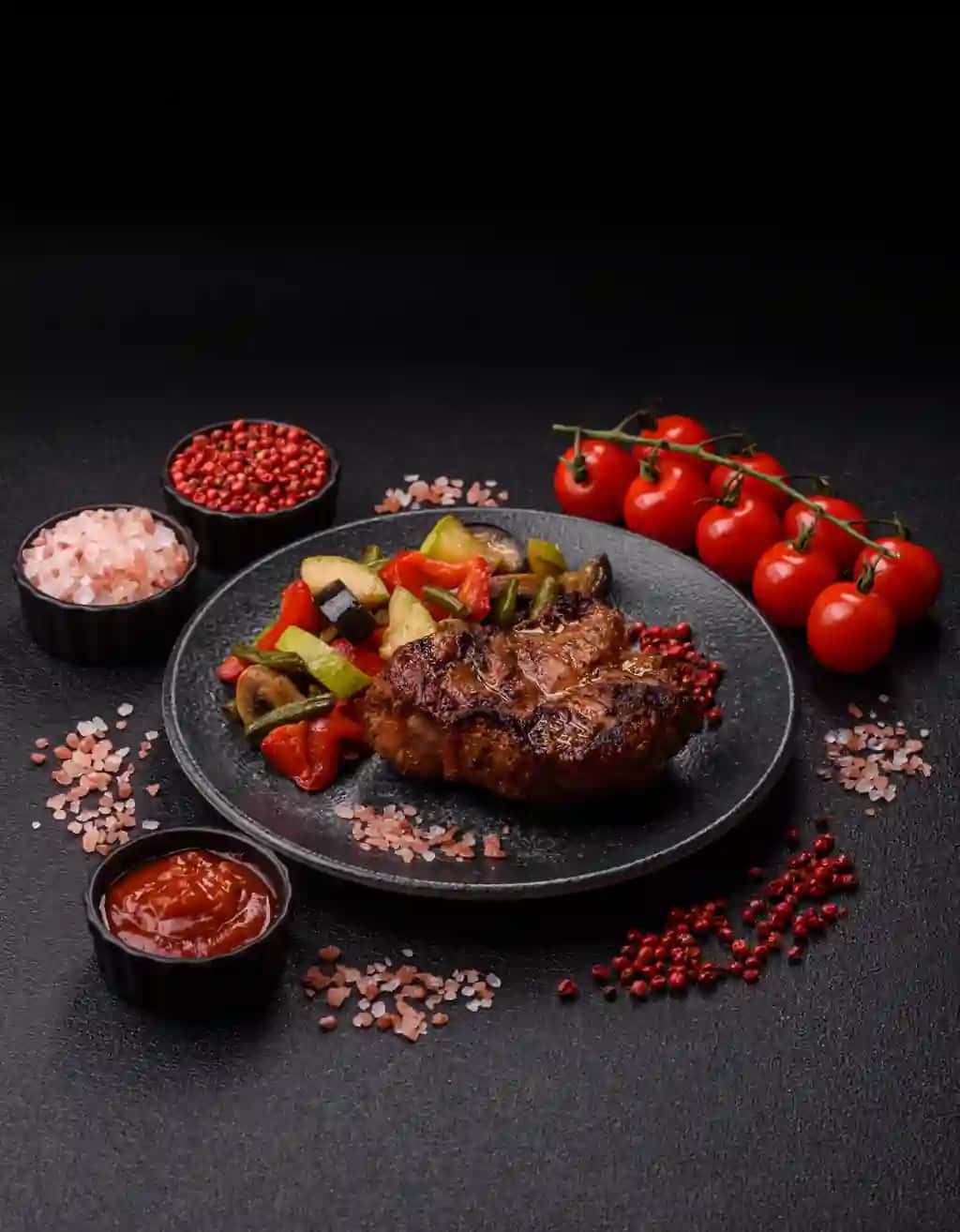 Cho'chqa go'shti ko'krak qafasi panjara filetosi sog'lom oziq-ovqat tushlik cho'chqa go'shti bifshteksi oziq-ovqat fonida | Pork breast steak grilled fillet healthy food lunch pork steak as food background
