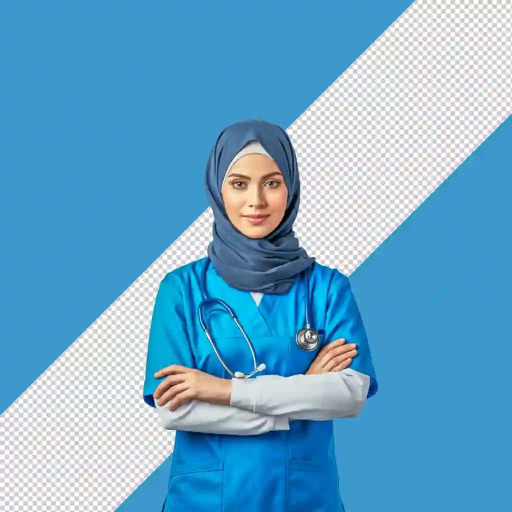 Moviy hijobli ayol old ko'k fonda stetoskop bilan turibdi | Woman blue hijab stands front blue background with stethoscope