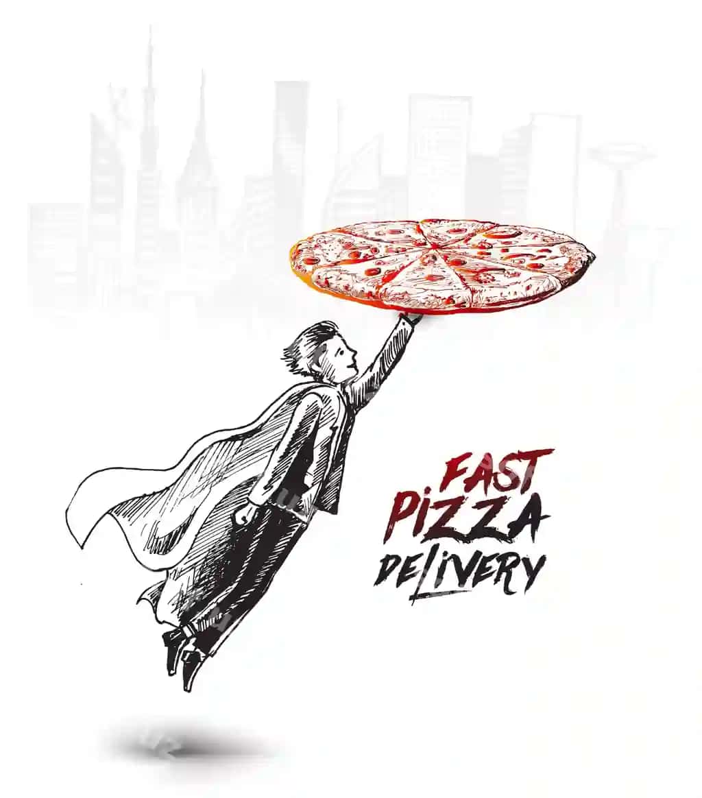 Super tezkor pitsa yetkazib berish super qahramon pitsa yetkazib berayotgan qo'l bilan chizilgan | Super fast pizza delivery super hero delivering pizza hand drawn