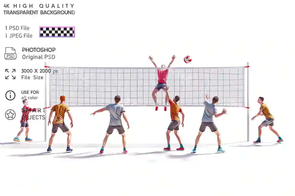 Ikkita jamoadan oltita o'yinchidan iborat jamoaviy sport | Team sport which two teams six players are sepa transparent background