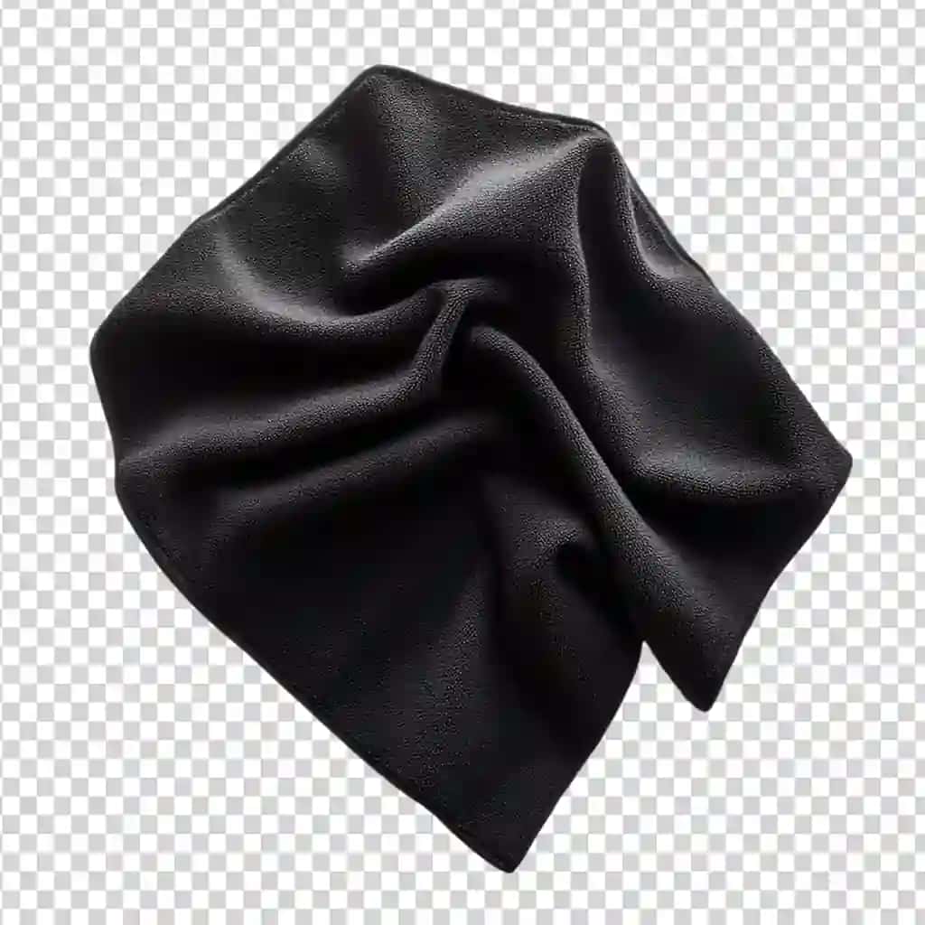 Qora mikrofiber linzali tozalovchi mato yuqoridan ko'rinishi izolyatsiyalangan shaffof | Black microfibre lens cleaning cloth top view isolated transparent