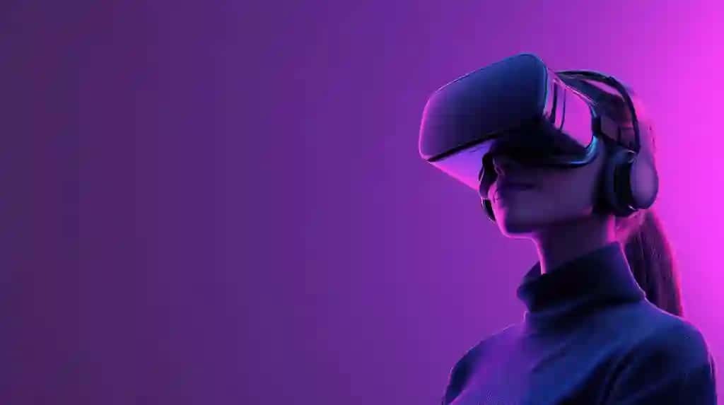 Binafsha fonda VR garniturasini taqqan odam virtual haqiqatga botirdi | Person wearing vr headset against purple background immersed virtual reality
