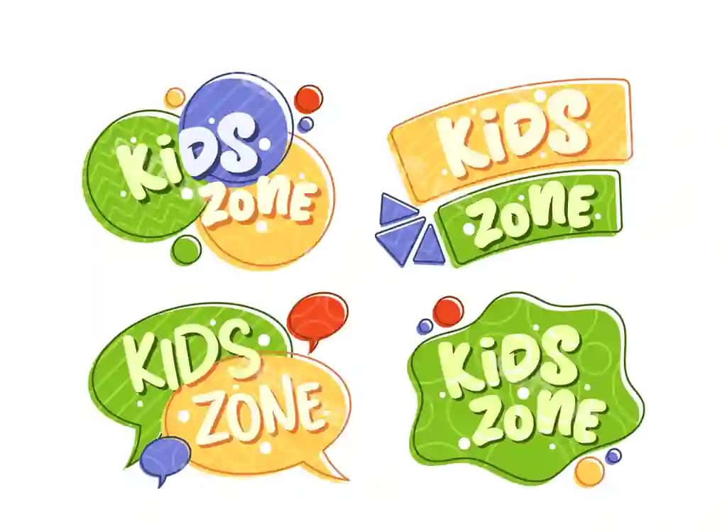 Rangli bolalar zonasi logotiplari turli xil qiziqarli shaklli dizaynlar bolalarga mos. | Colorful kids zone logos various fun shapes designs suitable children
