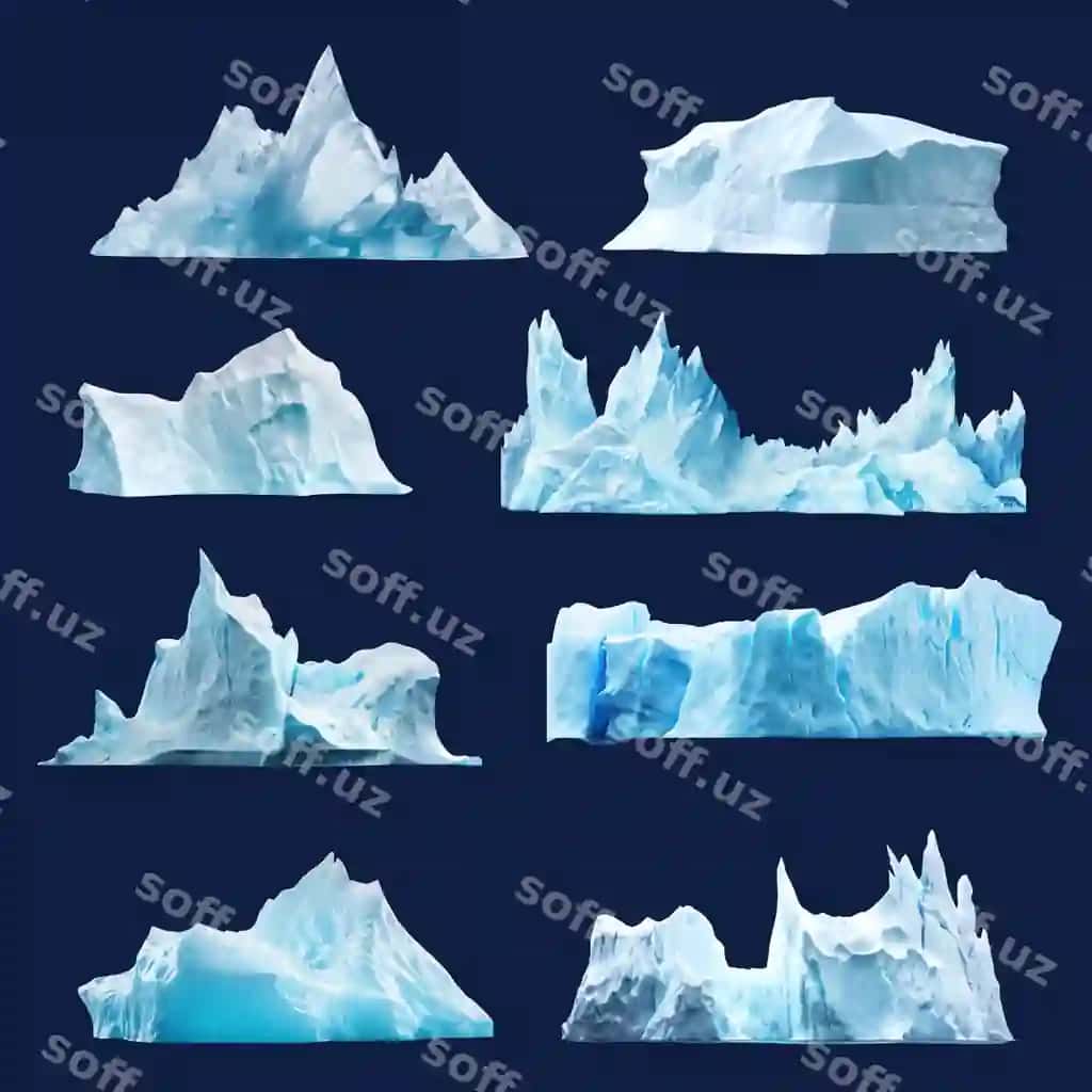 Turli xil buzmchalar shakllari qorong'i fonda | Diverse iceberg formations against dark background