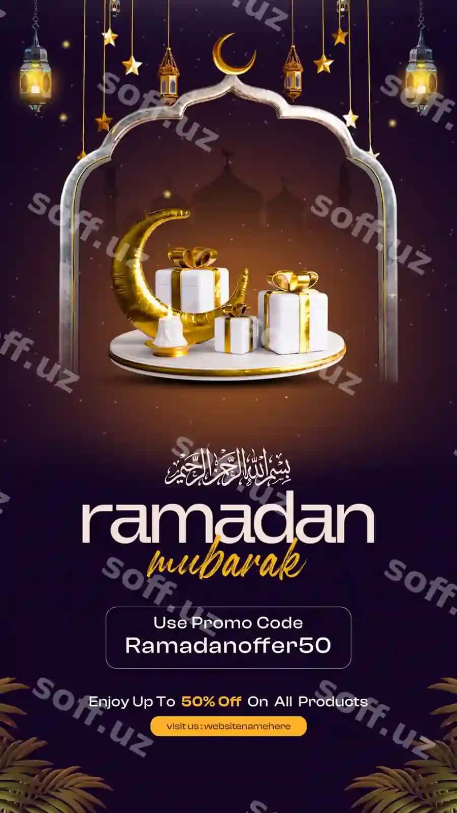 Ramazon muborak Islom bayrami ijtimoiy tarmoqlar uchun hikoya dizayn shabloni | Ramadan mubarak islamic festival social media story design template