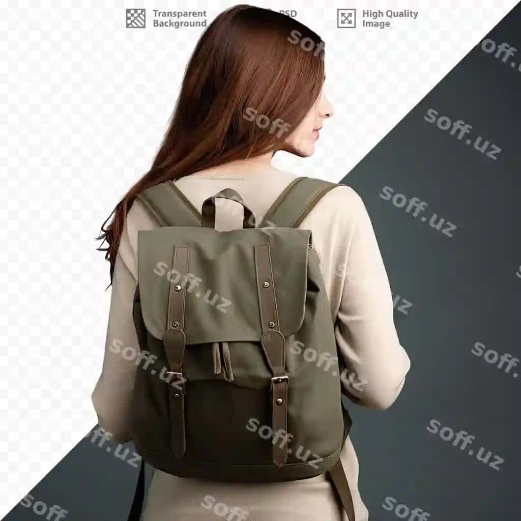Ayol rucksack bilan rucksack yozilgan karta oldida turadi. | Woman with backpack stands front map that says backpack