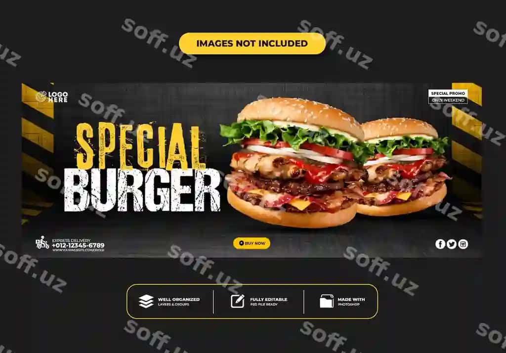 Facebook qopqog'i posti banner shablonlari restoran tez ovqatlanish menyusi burger | Facebook cover post banner template restaurant fast food menu burger
