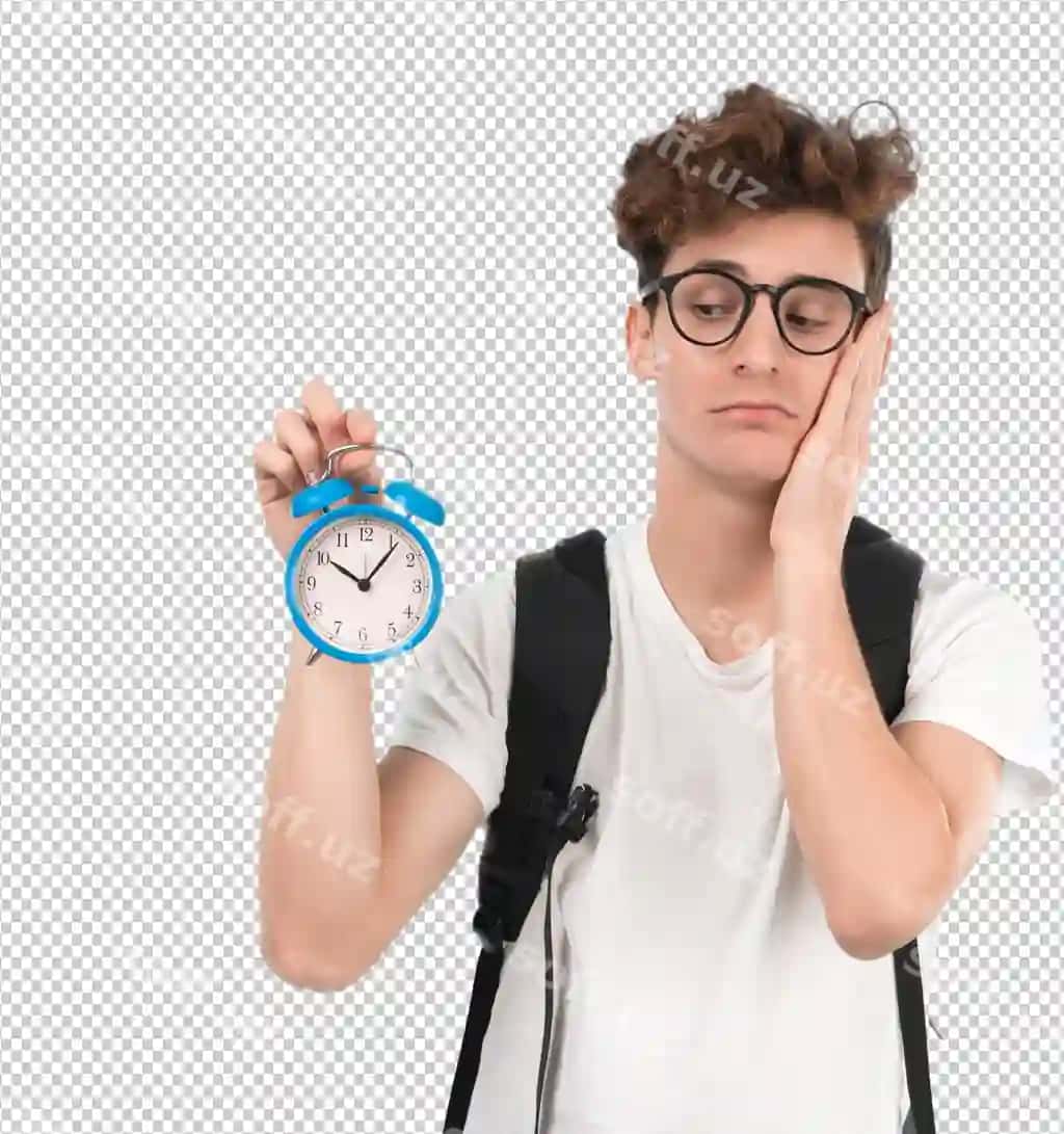 Tushkunlikka tushgan yosh talaba budilnikni ushlab turibdi | Depressed young student holding alarm clock