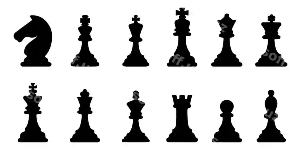 Shaxmatlar qo'llari silueti ikonlar to'plami vektor oq fonda | Chess pieces silhouette icon set vector white background