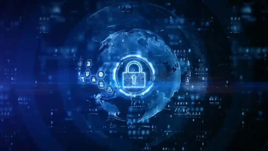 Moviy fon bilan kiberxavfsizlikning raqamli dizayni | Cyber security padlock digital design with blue background