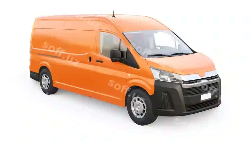 Olcha rangli kommercheskiy furgon kichik yuklarni ko'chiruvchi shahar sharoitida oq fonda bo'sh tanasi, sizning dizayngiz uchun 3D illustratsiya | Orange commercial van transporting small loads city white background blank body your design 3d illustration