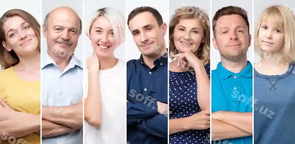 Kollej yosh katta yoshli odamlar gulchilik ishonchli kamera studiyasida surat | Collage young senior people smiling confident camera studio shot