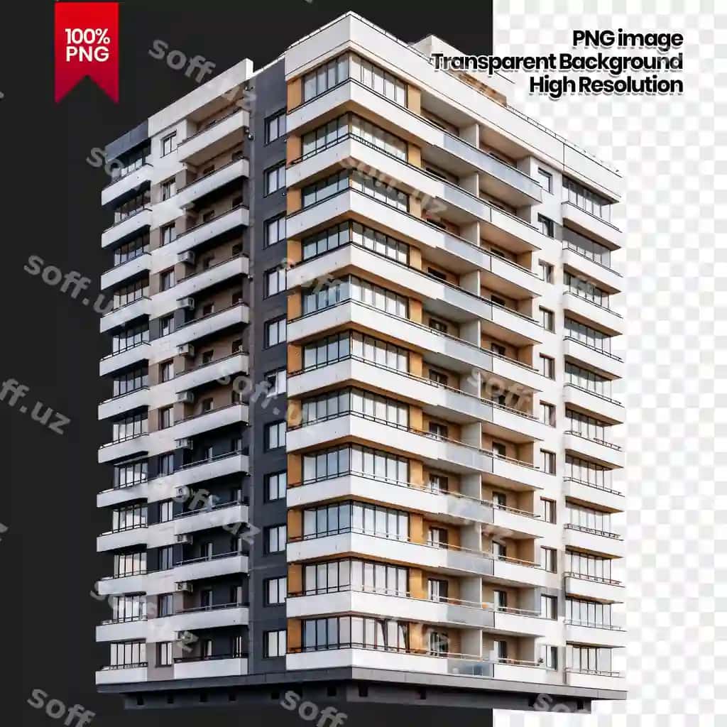 Yuqori rezolyutsiya png zamonaviy kvartira bino shaffof balkonlar bilan | High res png modern apartment building with balconies transparent