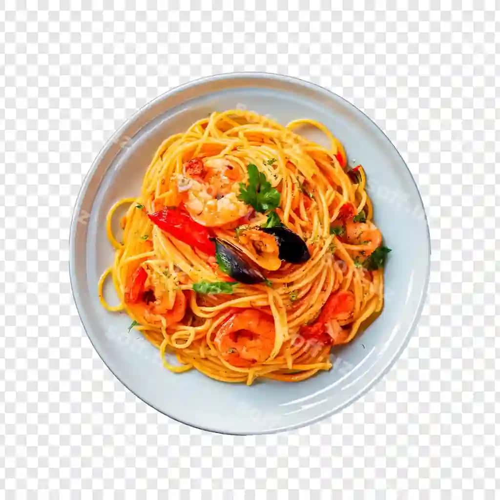 Spagetti qozon va sabzavotlar bilan joylashtirilgan, bu pomidorli souseli pasta. | Plate spaghetti with shrimp vegetables it pasta with tomato sauce