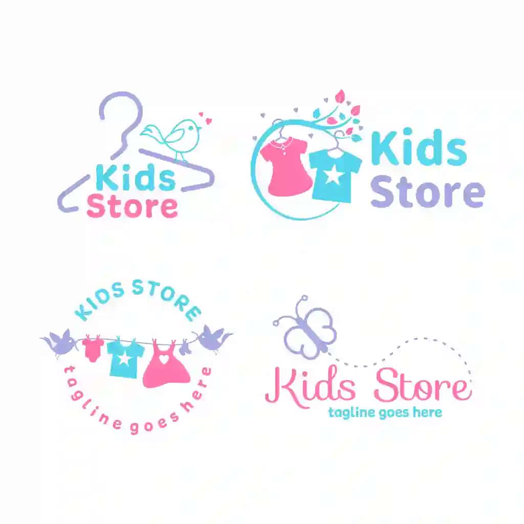 Moda bolalar do'koni logotipi dizayn vektor to'plami | Fashion kids store logo design vector set