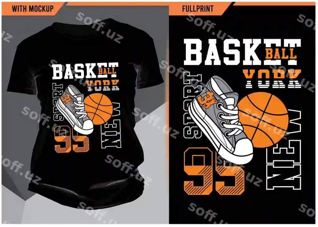 Basketbol tipografiyasi futbolka mockup bilan bosishga tayyor to'liq print | Basketball typography with tshirt mockup print ready full print