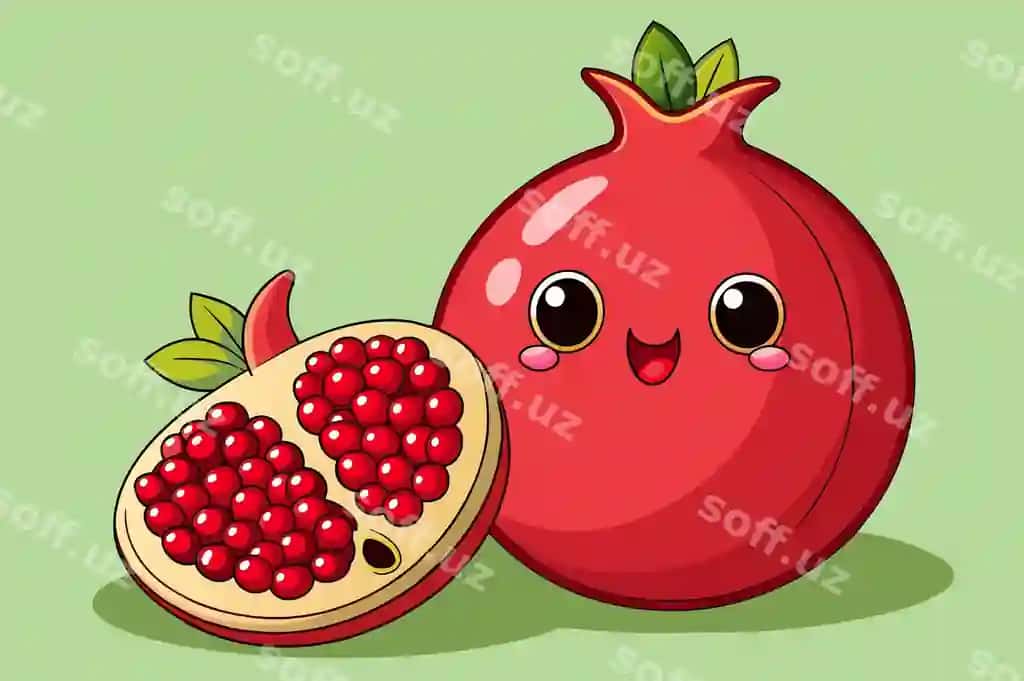 Anor va malina bilan multfilm rasmi | Cartoon drawing pomegranate with bowl raspberries