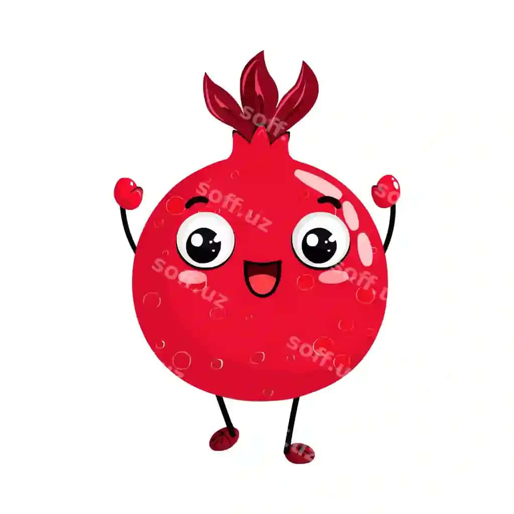 Qo'llari va oyoqlari oq fonda baxtli anor rangli multfilm qahramoni | Happy pomegranate cartoon character with arms legs white background