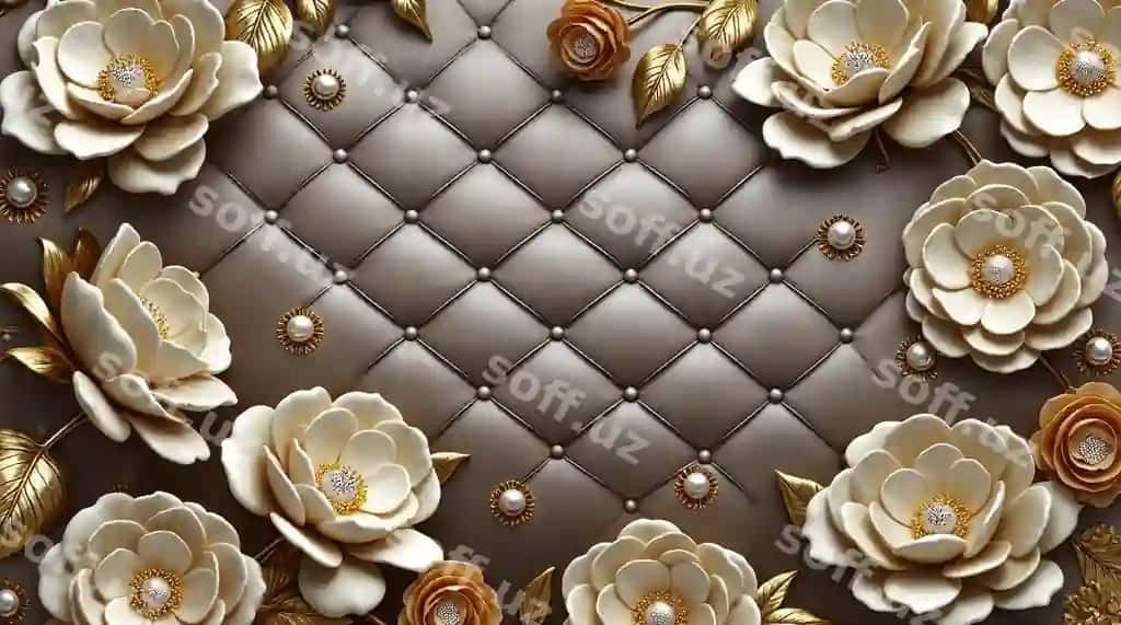 Marvarid naqshli teksturali oqlangan 3D gulli kompozitsiya | Elegant 3d floral composition with pearls embossed texture