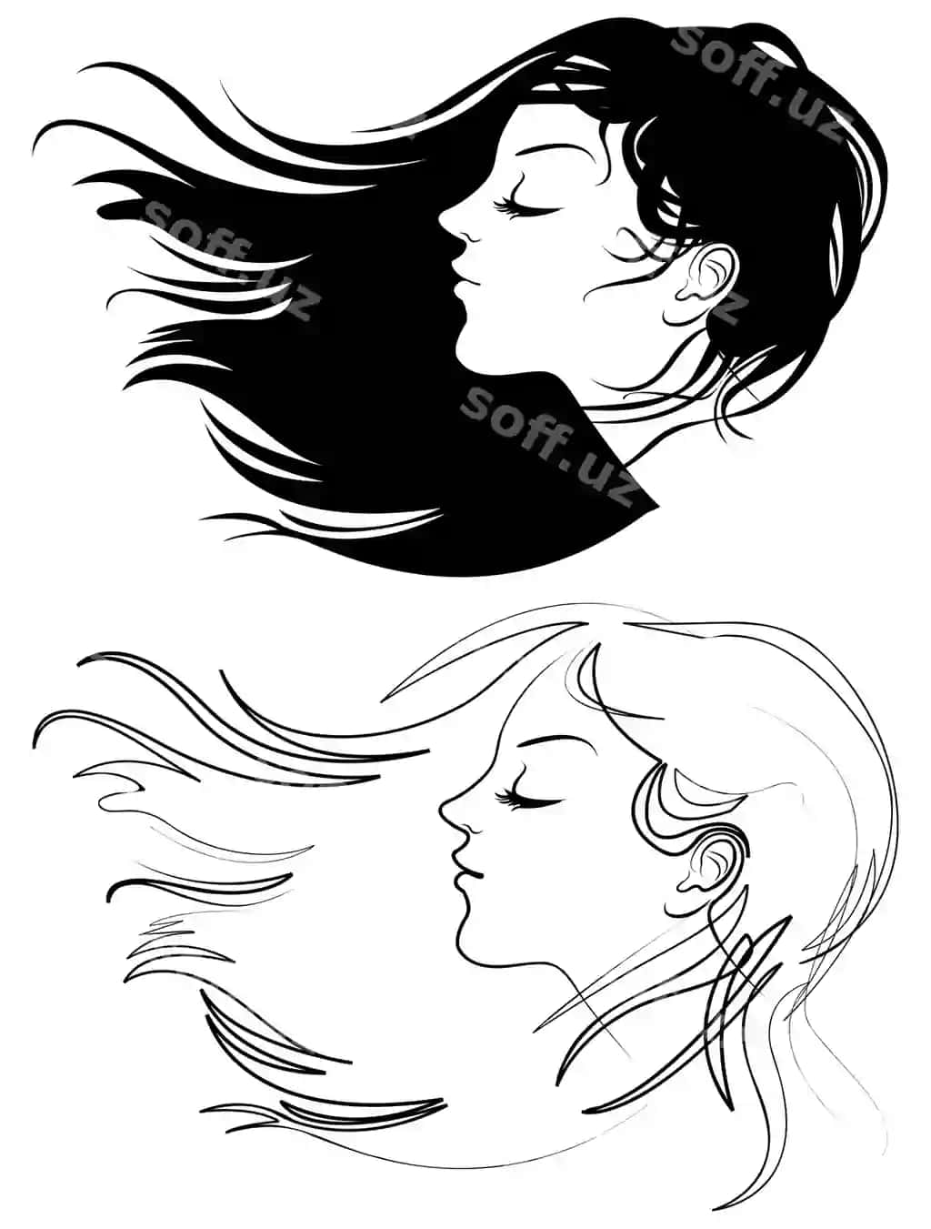Go'zal qiz, uzun sochli, sochlari shamolda aylanib turgani, vektor illustratsiyasi | Beautiful girl with long hair hair fluttering wind vector illustration