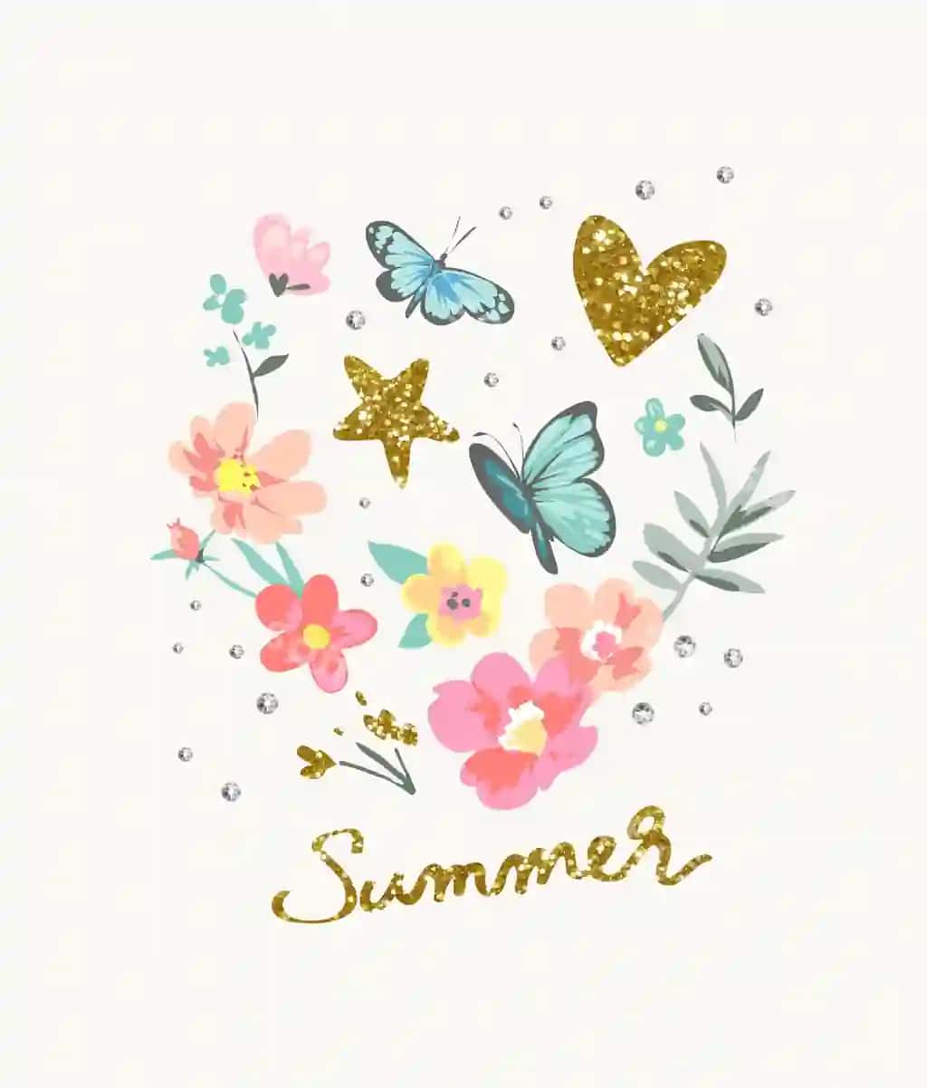 Yoz oltin parlatma slovani rangli gul keltaklar vektori bilan | Summer gold glitter slogan with colorful flowers butterflies vector
