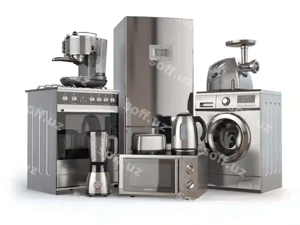 Maishiy texnika gaz pishirgichi muzlatgich mikroto'lqinli pech kir yuvish mashinasi blender tushdi mashinasi kofe mashinasi go'shtli choynak 3d rasm | Home appliances gas cooker refrigerator microwave washing machine blender toaster coffee machine meat ginder kettle 3d illustration