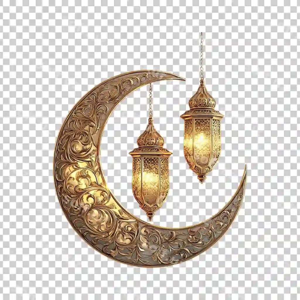 Chiroyli hilol Ramazon chiroqlari dizaynli shaffof orqa fonda | Elegant crescent moon with ramadan lanterns design transparent background