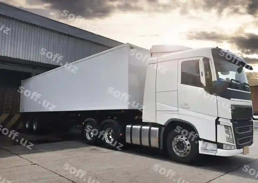 Yarıyopkali yuk avtomobili to'xtatilgan yuklash joyi ombir sanoat yuk avtomobili transport | Semi trailer truck parked loading dock warehouse industry freight truck transportatio