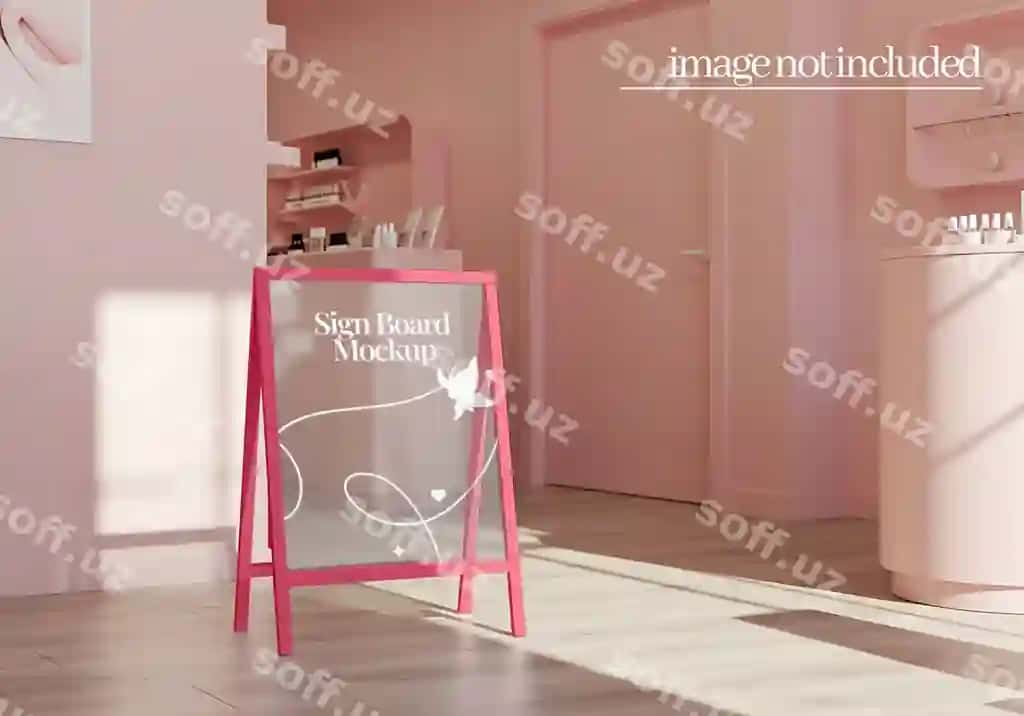 Pushti rangli ramkali belgi maket zamonaviy minimalist pushti salon do'koni | Pink aframe signboard mockup modern minimalist pink salon store