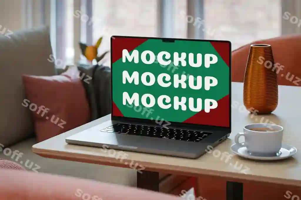 Kofe chashka bilan noutbuk maket stoli | Laptop mockup table with coffee cup