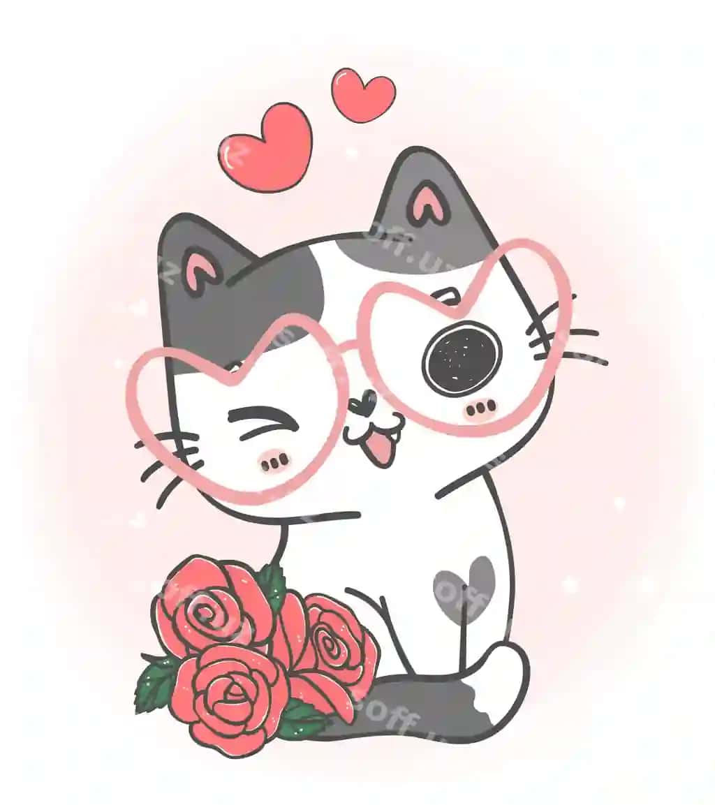 Chiroyli va mazali Valentinston tabrik kartochkasi buzmuncha mushuk va qizil atirgullar bilan | Cute sweet valentine greeting card with tabby kitten cat red roses